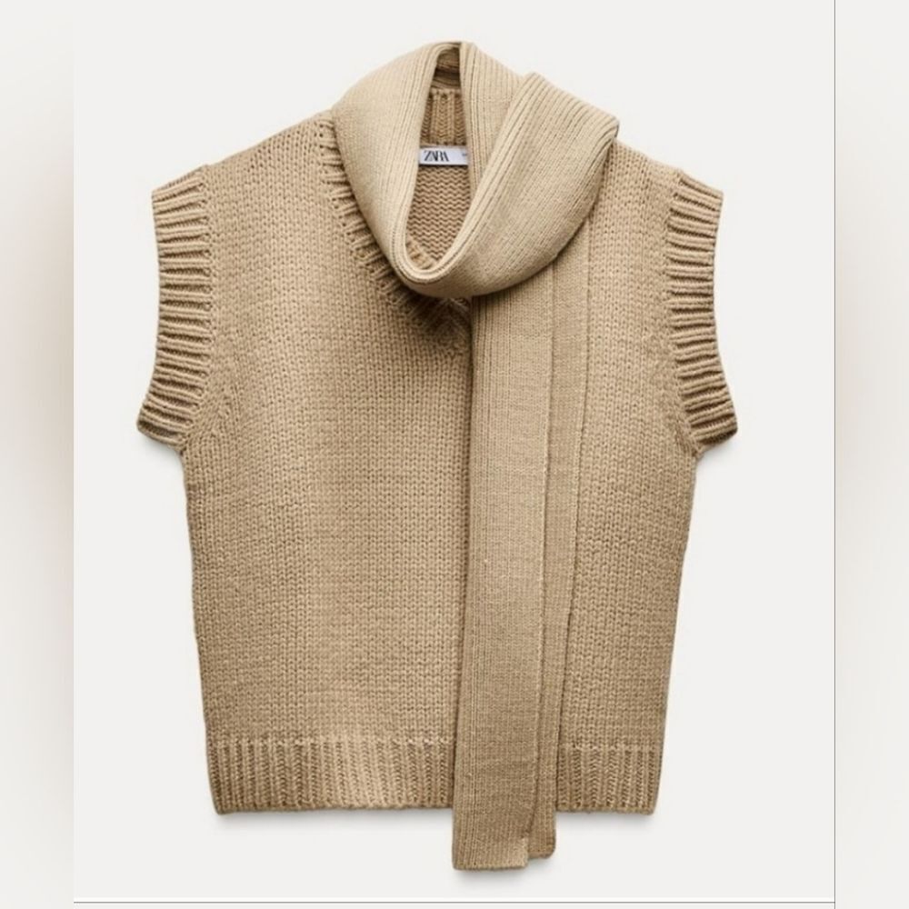 Nwt Zara Tan Knit Vest With Scarf Size M